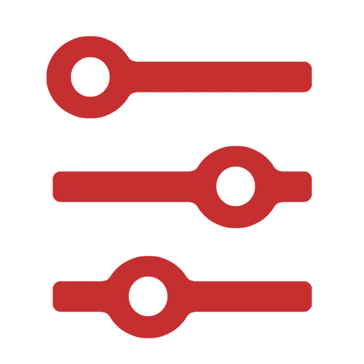 The image shows an icon designed for sorting functionality. It features three horizontal red bars of varying lengths, stacked vertically, with a red arrow pointing downward on the right side of the bars. Each element has a white outline, making the icon stand out against a black background. The three bars represent sortable items, and the downward-pointing arrow indicates the sorting direction, likely descending. This design is clear and intuitive, effectively conveying its purpose as a sorting button.